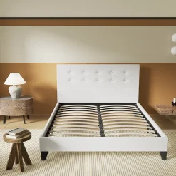 Lit 140x190 Cm Avec Tête De Lit Boutonnée Simili Blanc