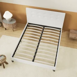 Lit 140x190 Cm Avec Tête De Lit Boutonnée Simili Blanc