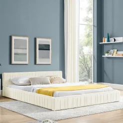 Lit 160x200 cm avec tête de lit plissée en chenille beige et cadre métal sur bois d'eucalyptus