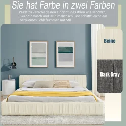 Lit 160x200 cm avec tête de lit plissée en chenille beige et cadre métal sur bois d'eucalyptus