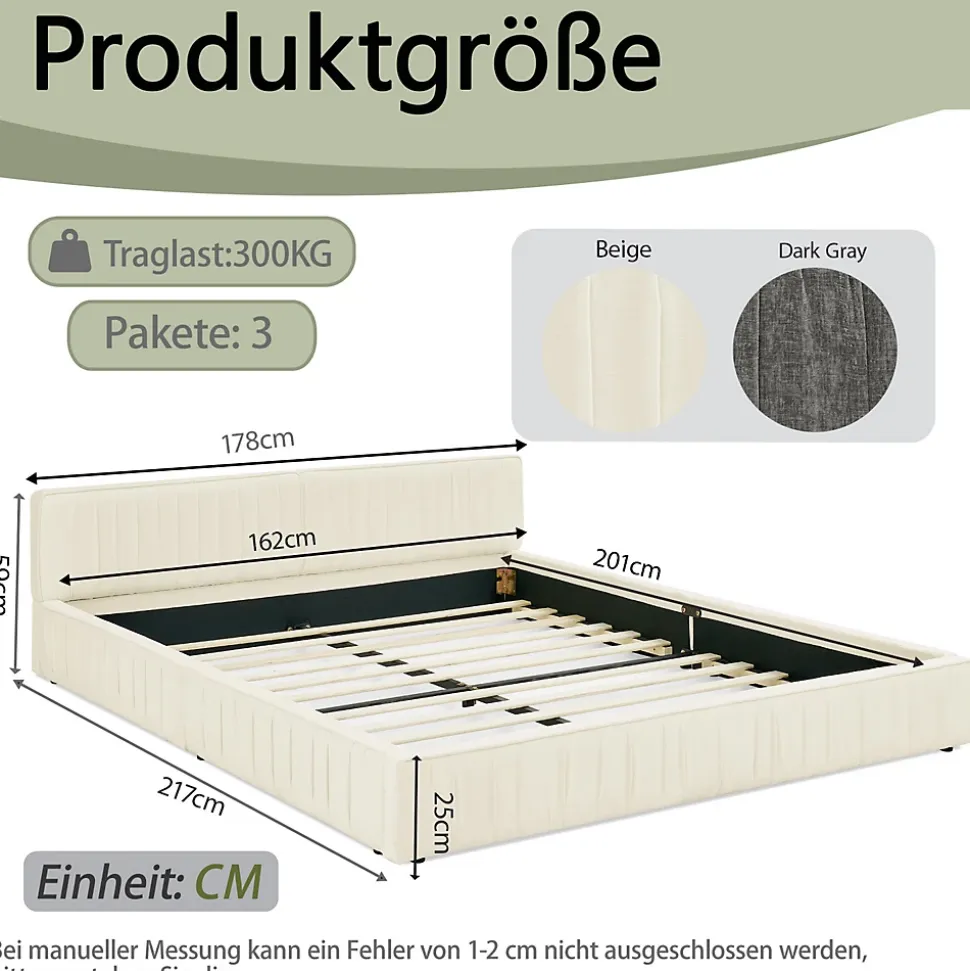 Lit 160x200 cm avec tête de lit plissée en chenille beige et cadre métal sur bois d'eucalyptus