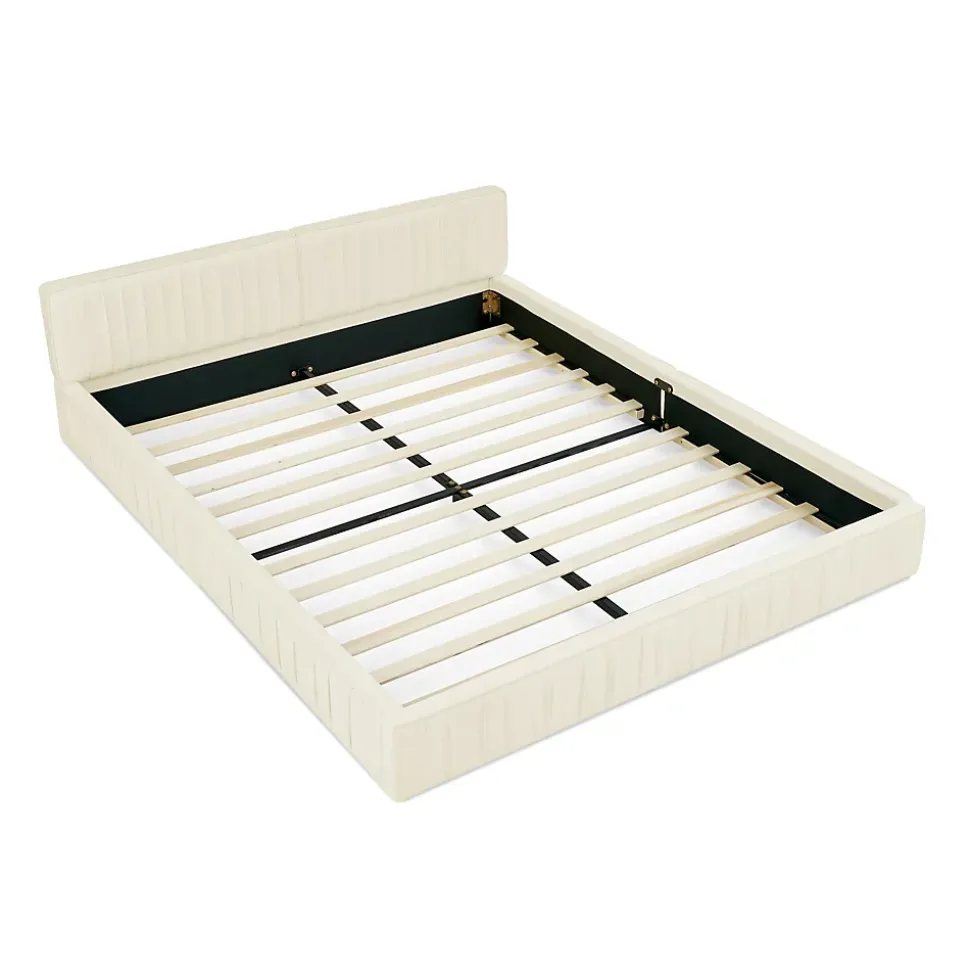 Lit 160x200 cm avec tête de lit plissée en chenille beige et cadre métal sur bois d'eucalyptus