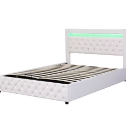 Lit 160x200 cm avec tête de lit rembourrée, coffre de rangement intégré et éclairage LED, revêtement PU blanc