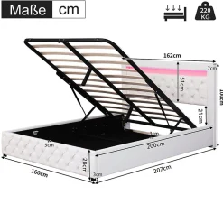 Lit 160x200 cm avec tête de lit rembourrée, coffre de rangement intégré et éclairage LED, revêtement PU blanc