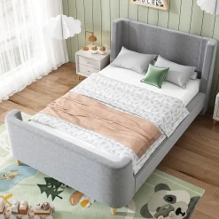 Lit 90x200 cm avec tête de lit rembourrée, design luge en velours gris et structure bois-métal