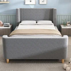 Lit 90x200 cm avec tête de lit rembourrée, design luge en velours gris et structure bois-métal