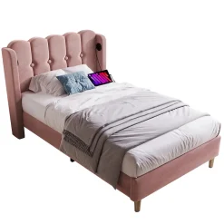Lit 90x200 cm avec tête de lit à panneaux, tapissé velours rose et station de charge USB-C intégrée