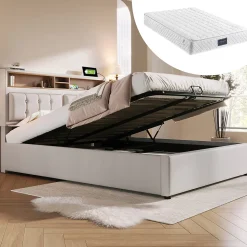 Lit 140x200 cm avec tête de lit réglable et station de charge intégrée, tapissé lin beige, grand rangement