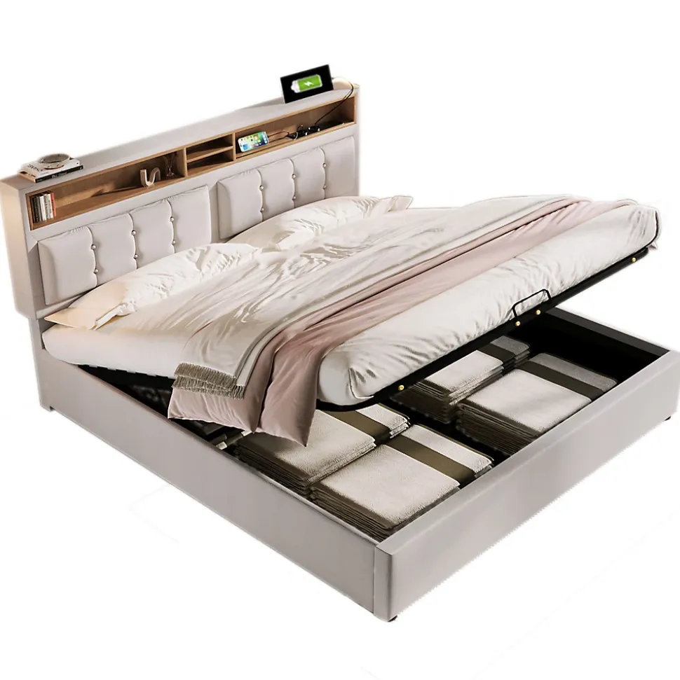 Lit 140x200 cm avec tête de lit réglable et station de charge intégrée, tapissé lin beige, grand rangement