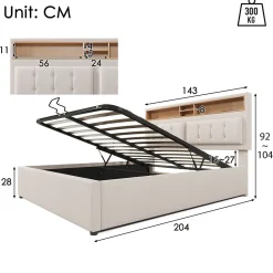 Lit 140x200 cm avec tête de lit réglable et station de charge intégrée, tapissé lin beige, grand rangement