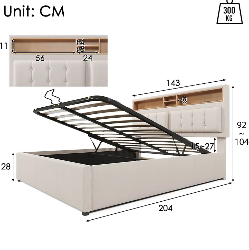 Lit 140x200 cm avec tête de lit réglable et station de charge intégrée, tapissé lin beige, grand rangement