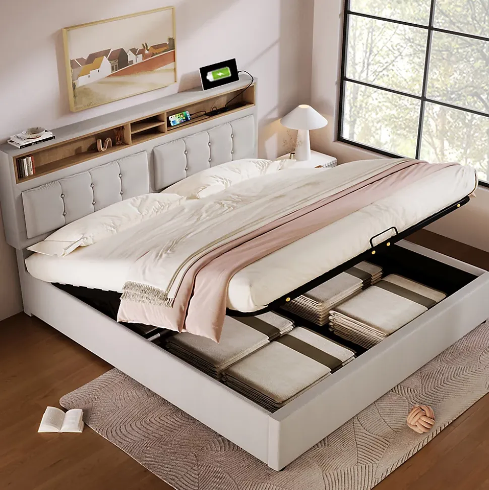 Lit 140x200 cm avec tête de lit réglable et station de charge intégrée, tapissé lin beige, grand rangement