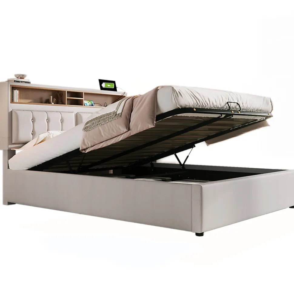 Lit 140x200 cm avec tête de lit réglable et station de charge intégrée, tapissé lin beige, grand rangement