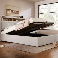 Lit 140x200 cm avec tête de lit réglable et station de charge intégrée, tapissé lin beige, grand rangement