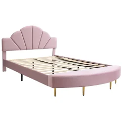 Lit 140x200 cm avec tête de lit en velours rose et banc coordonné, bords anti-collision en mousse, cadre solide