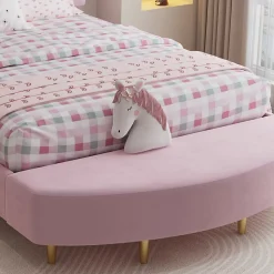 Lit 140x200 cm avec tête de lit en velours rose et banc coordonné, bords anti-collision en mousse, cadre solide