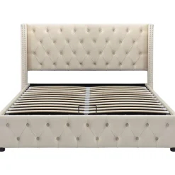 Lit 140x200 cm avec tête de lit capitonnée en velours, coffre de rangement hydraulique et détails cloutés, beige