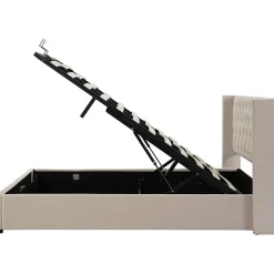 Lit 140x200 cm avec tête de lit capitonnée en velours, coffre de rangement hydraulique et détails cloutés, beige