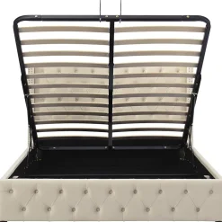 Lit 140x200 cm avec tête de lit capitonnée en velours, coffre de rangement hydraulique et détails cloutés, beige