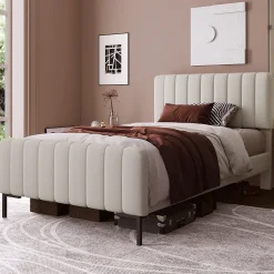 Lit 90x200 cm avec tête de lit réglable, cadre rembourré en lin gris-beige, lattes en pin et pieds métal