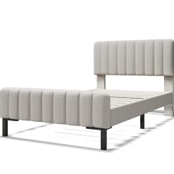 Lit 90x200 cm avec tête de lit réglable, cadre rembourré en lin gris-beige, lattes en pin et pieds métal