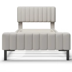 Lit 90x200 cm avec tête de lit réglable, cadre rembourré en lin gris-beige, lattes en pin et pieds métal