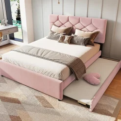 Lit 140x200 cm avec tête de lit capitonnée et sommier gigogne, tapissé velours rose et MDF design