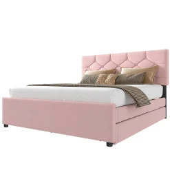 Lit 140x200 cm avec tête de lit capitonnée et sommier gigogne, tapissé velours rose et MDF design