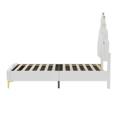 Lit 90x200 cm avec tête de lit couronnée et éclairage LED RVB, tapissé PU blanc, cadre MDF solide et hauteur réglable