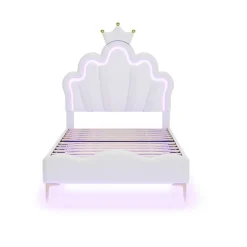 Lit 90x200 cm avec tête de lit couronnée et éclairage LED RVB, tapissé PU blanc, cadre MDF solide et hauteur réglable