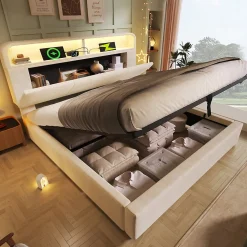 Lit 140x200 cm avec tête de lit réglable et rangement hydraulique, velours beige, LED et station de charge