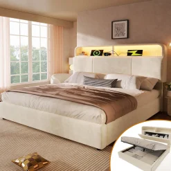 Lit 140x200 cm avec tête de lit réglable et rangement hydraulique, velours beige, LED et station de charge