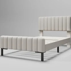 Lit 90x200 cm avec tête de lit réglable, revêtement lin gris-beige et sommier à lattes, cadre métal/bois