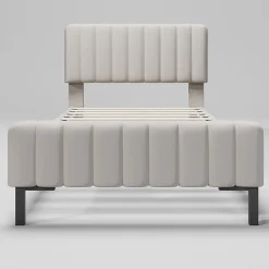 Lit 90x200 cm avec tête de lit réglable, revêtement lin gris-beige et sommier à lattes, cadre métal/bois