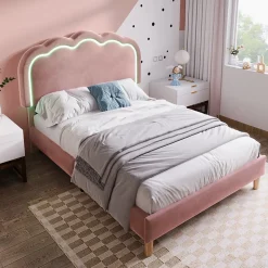 Lit 90x190 cm avec tête de lit LED réglable, tapissé velours rose, cadre rembourré au design moderne