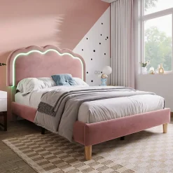 Lit 90x190 cm avec tête de lit LED réglable, tapissé velours rose, cadre rembourré au design moderne