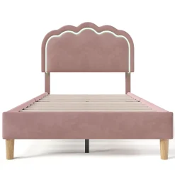 Lit 90x190 cm avec tête de lit LED réglable, tapissé velours rose, cadre rembourré au design moderne