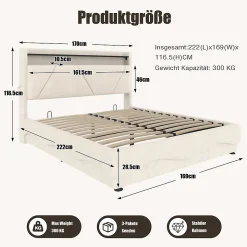 Lit 160x200 cm avec tête de lit LED, rangement intégré et revêtement velours beige, design contemporain