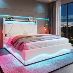 Lit 160x200 cm avec tête de lit LED, rangement intégré et revêtement velours beige, design contemporain