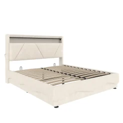Lit 160x200 cm avec tête de lit LED, rangement intégré et revêtement velours beige, design contemporain
