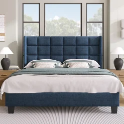 Lit 140x200 cm avec tête de lit tapissée en lin bleu, pieds noirs et sommier à lattes intégré, design élégant