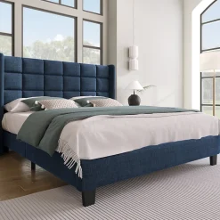 Lit 140x200 cm avec tête de lit tapissée en lin bleu, pieds noirs et sommier à lattes intégré, design élégant