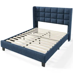 Lit 140x200 cm avec tête de lit tapissée en lin bleu, pieds noirs et sommier à lattes intégré, design élégant