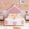 Lit 90x200 cm avec tête de lit en forme de couronne, revêtement simili cuir blanc et rose, cadre métal et panneaux bois