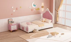 Lit 90x200 cm avec tête de lit en forme de couronne, revêtement simili cuir blanc et rose, cadre métal et panneaux bois