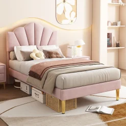 Lit 90x200 cm avec tête de lit coquillage réglable et pieds métal doré, velours rose, design élégant