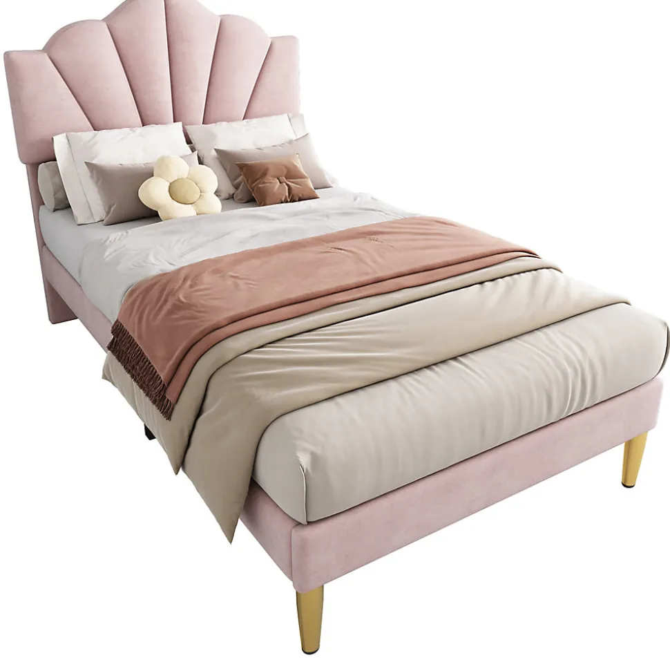 Lit 90x200 cm avec tête de lit coquillage réglable et pieds métal doré, velours rose, design élégant