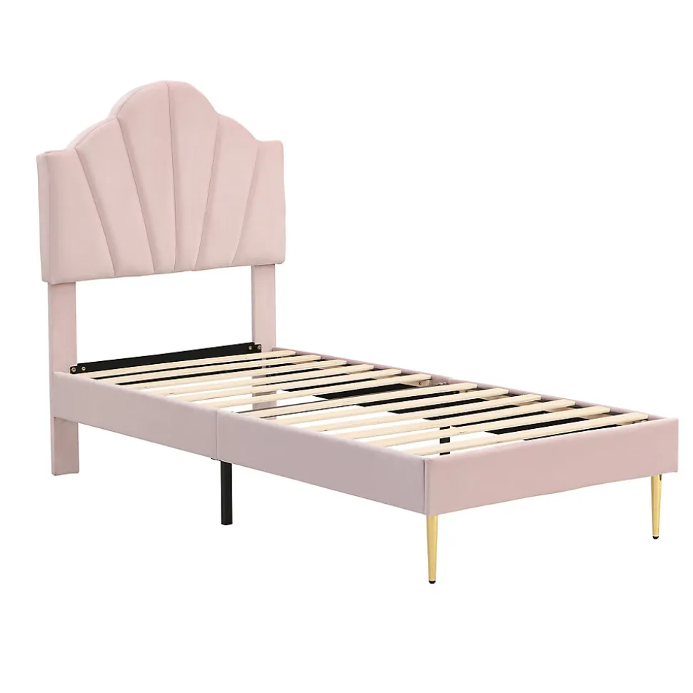 Lit 90x200 cm avec tête de lit coquillage réglable et pieds métal doré, velours rose, design élégant