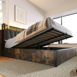 Lit 160x200 cm avec tête de lit LED RGBW, coffre de rangement, cadre métal et revêtement lin gris contemporain