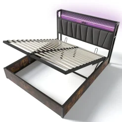 Lit 160x200 cm avec tête de lit LED RGBW, coffre de rangement, cadre métal et revêtement lin gris contemporain